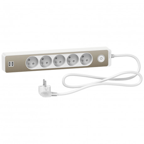 Rallonge multiprises 5 prises 2P+T / 2 prises USB Odace Schneider Electric - 1,5m - Blanc/ Bronze