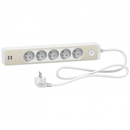Rallonge multiprises 5 prises 2P+T / 2 prises USB Odace Schneider Electric - 1,5m - Blanc/ Bois