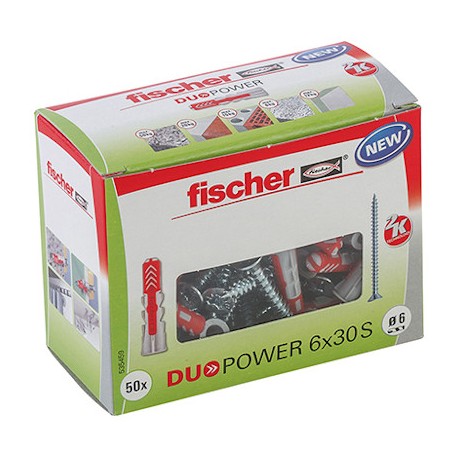 Boîte de 50 chevilles bi-matière - DUOPOWER - 6x30 S - Avec vis - Boite à fenêtre