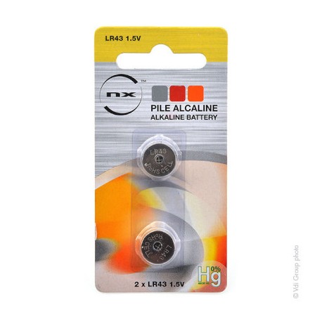 Lot de 2 piles boutons alcalines - LR43 - 0% de mercure - 1,5V - 110 mAh