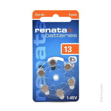 Lot de 6 piles auditives - 13A - 1,45V - 305 mAh - 0% mercure