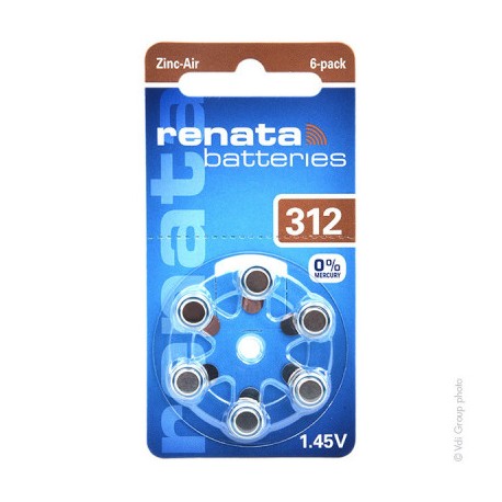 Lot de 6 piles auditives - 312A - 1,45V - 165 mAh - 0% mercure