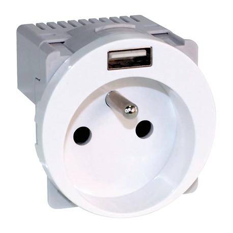 Prise de courant 2P+T 16A et USB 2,1A Comète - 1 poste - Blanc