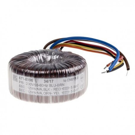 Transformateur torique RS Pro 120VA - Primaire 230Vca - Secondaire 2x12Vca - 2 sorties