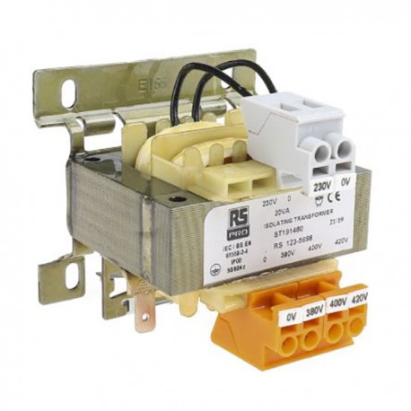 Transformateur d'isolement 20VA RS Pro - Primaire 380Vca, 400Vca, 420Vca - Secondaire 230Vca