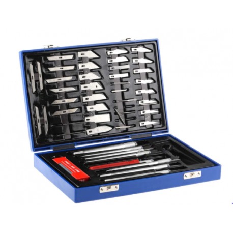 Jeu de couteaux de précision RS Pro - Multiprofils - 7 poignées - 50 pièces - Avec mallette de rangement