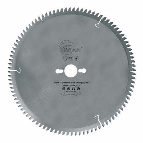 Lame de scie carbure pour aluminium - Leman - Attaque négative - Ø 250mm - 80 dents
