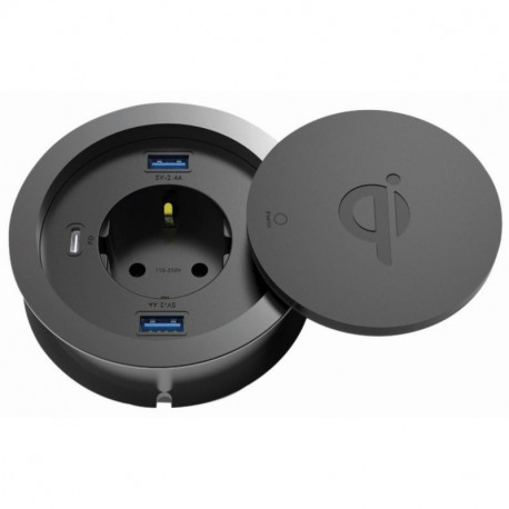 Chargeur à induction sans fil intégrable Synercia - 2 USB + 1mini USB - Ø 80mm - Aluminium - Noir