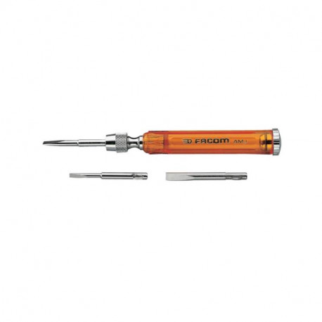 Tournevis avec manche réservoir et 3 lames plates Facom - Pour vis fendues 3,5/4/5,5 mm - Chromé