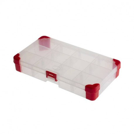 Boite compartimentée renforcée RS Pro - 12 compartiments fixes et ajustables - 30x200x110mm - Polypropylène - Transparente/Rouge