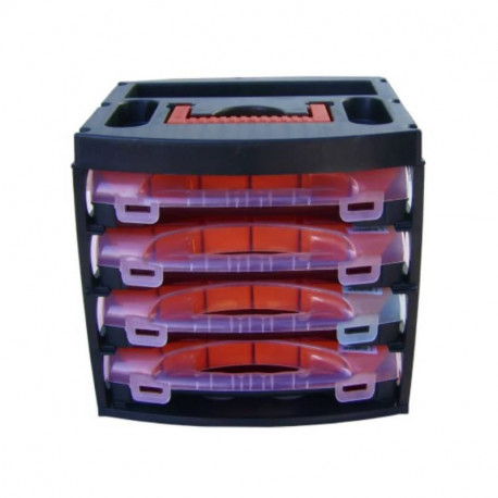 Boite compartimentée à 4 étages RS Pro - 64 compartiments fixes et ajustables - Polypropylène - Noire/ Rouge