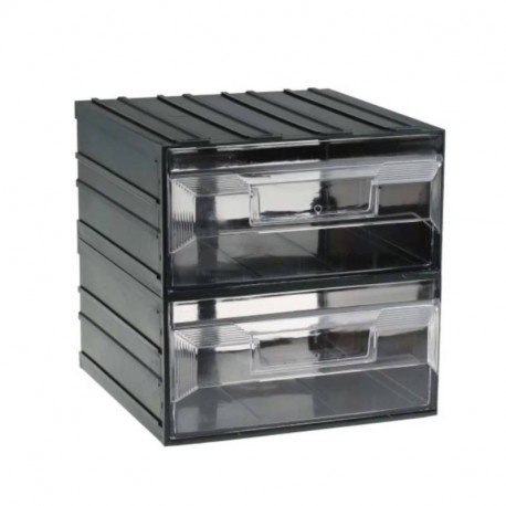 Unité de stockage 2 tiroirs RS Pro - Plastique - 208mm x 208mm x 222mm - Noir/ transparent