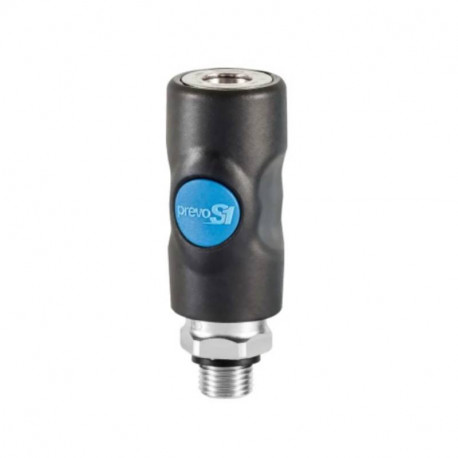 Raccord rapide air comprimé PREVOST - Filetage F.3/8" in M.3/8" - ISO B6 - Corps composite - Bouton bleu
