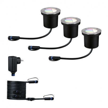 Kit de base encastré de sol LED Smart Home Zigbee RGBW Plug & Shine Paulmann - 3x3,6W - IP65 - 3 000/6 500K - Argent