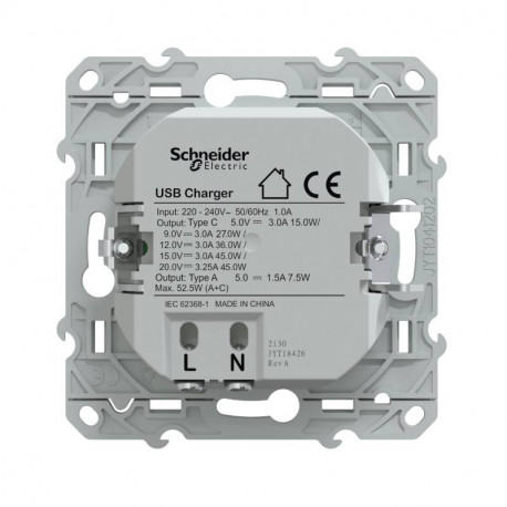 2 Prises USB Type A & C Avec Contact De Protection 3500 MA Anthracite