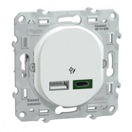 Prise USB Ovalis Schneider Electric - Type A 7,5W - Type C 45W - 250V - Blanche