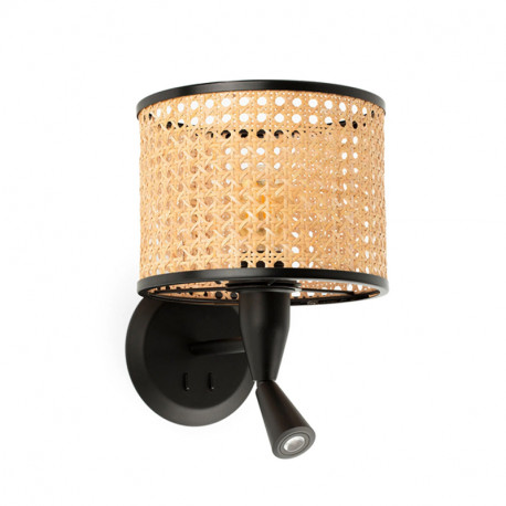 Lampe applique avec liseuse Mambo par Faro - Noir/rotin - Sans ampoule - E27