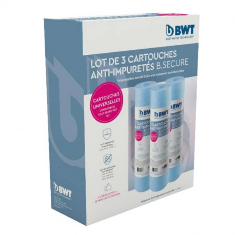 Lot de 3 cartouches de filtration B.SECURE BWT - Anti-impuretés et anti-prolifération bactérienne - jusqu'25µm - Compatible 10”