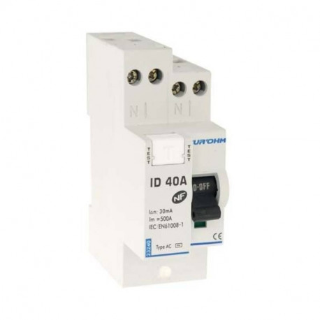 Interrupteur différentiel connexion haut / haut Eur'Ohm - 40A - 1P+N - 30mA