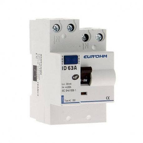 Interrupteur différentiel connexion haut / haut Eur'Ohm - AC - 63A - 1P+N - 30mA