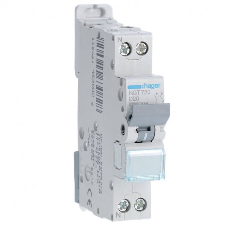 Disjoncteur NGT720 Hager - 1P+N - 6-10kA - courbe D - 20A