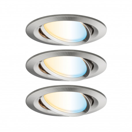 Lot de 3 spots connectés Nova LED Coin Paulmann - Rond - Orientable - 3x6W - 2700/6500K - Acier brossé - Dimmable