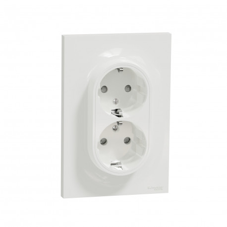 Prise de courant complète 2P+T Schuko - Double en 1 poste - Blanc - Griffes montées