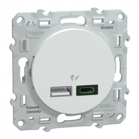 Prise USB Odace Schneider Electric - 2 chargeurs - Type A 7,5W + C 45W - Blanc