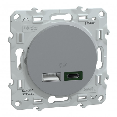 Prise USB Odace Schneider Electric - 2 chargeurs - Type A 7,5W + C 45W - Alu
