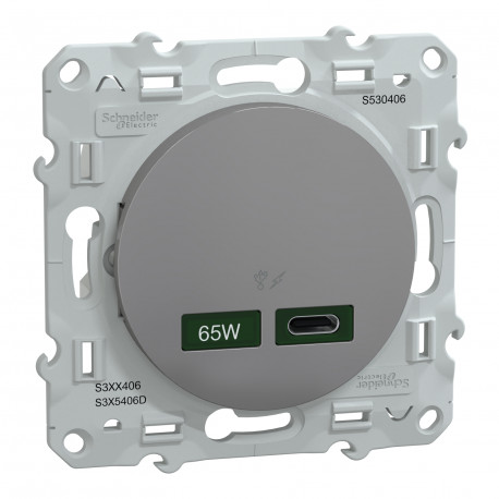 Prise USB Odace Schneider Electric - 1 chargeur type C 65W - Alu