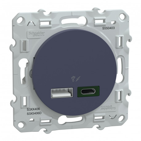 Prise USB Odace Schneider Electric - 2 chargeurs - Type A 7,5W + C 45W - Cobalt