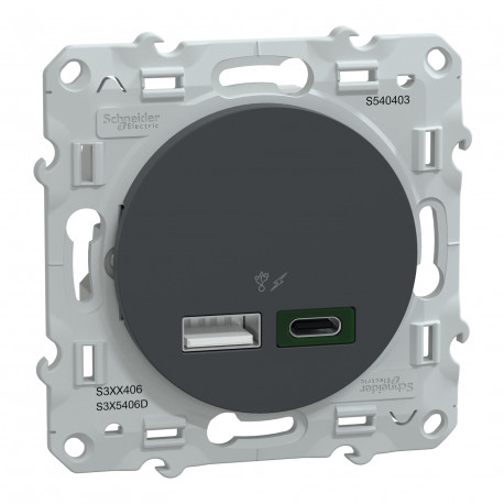 Prise USB Odace Schneider Electric - 2 chargeurs - Type A 7,5W + C 45W - Anthracite