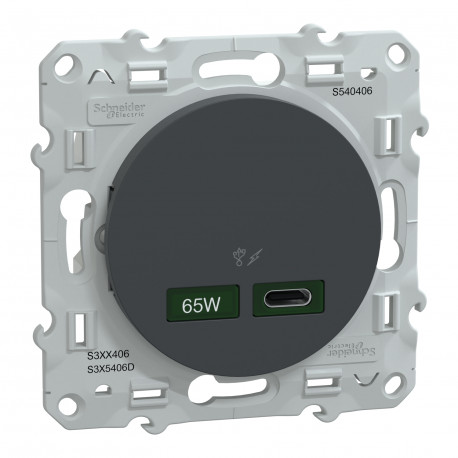 Prise USB Odace Schneider Electric - 1 chargeur type C 65W - Anthracite