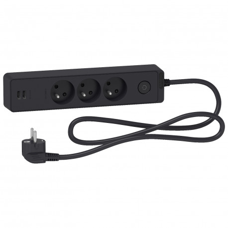 050411 Rallonge multiprise avec 3 prises 2P+T , 2 prises USB Type-A ,  interrupteur , support tablette et cordon 1,5m - noir - professionnel
