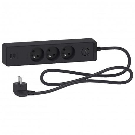 Rallonge multiprises 3 prises 2P+T / 2 prises USB Odace Schneider Electric - 1,5m - Anthracite