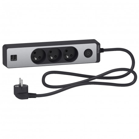 Rallonge multiprises 3 prises 2P+T / 2 prises USB Odace Schneider Electric - 1,5m - Anthracite/ Alu