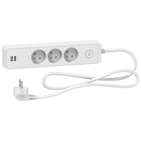 Rallonge multiprises 3 prises 2P+T / 2 prises USB Odace Schneider Electric - 1,5m - Blanc