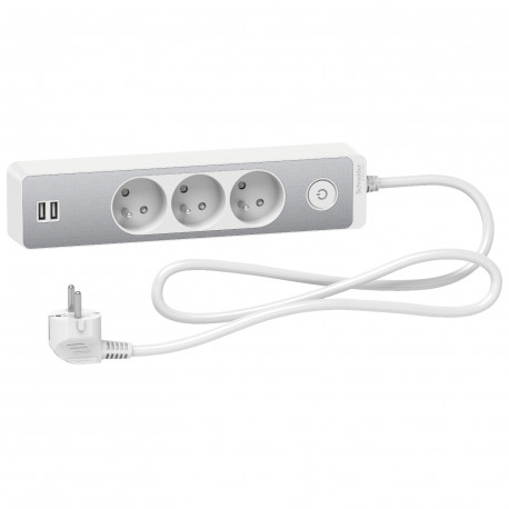 Rallonge multiprises 3 prises 2P+T / 2 prises USB Odace Schneider Electric - 1,5m - Blanc/ Alu