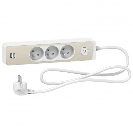 Rallonge multiprises 3 prises 2P+T / 2 prises USB Odace Schneider Electric - 1,5m - Blanc/ Bois
