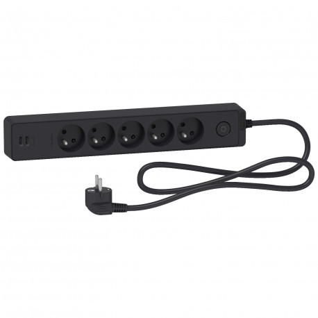 Rallonge multiprises 5 prises 2P+T / 2 prises USB Odace Schneider Electric - 1,5m - Anthracite