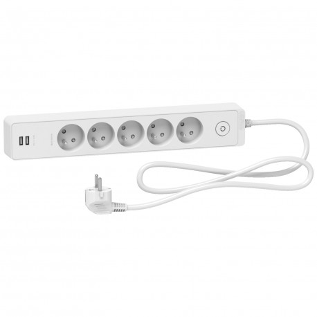 Rallonge multiprises 5 prises 2P+T / 2 prises USB Odace Schneider Electric - 1,5m - Blanc