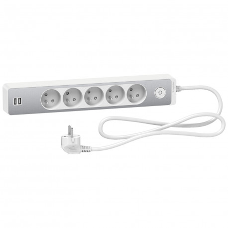 Rallonge multiprises 5 prises 2P+T / 2 prises USB Odace Schneider Electric - 1,5m - Blanc/ Alu