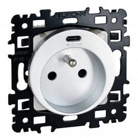Prise de courant 2P+T 16A + USB 2,1A Square Eur'Ohm - Silver
