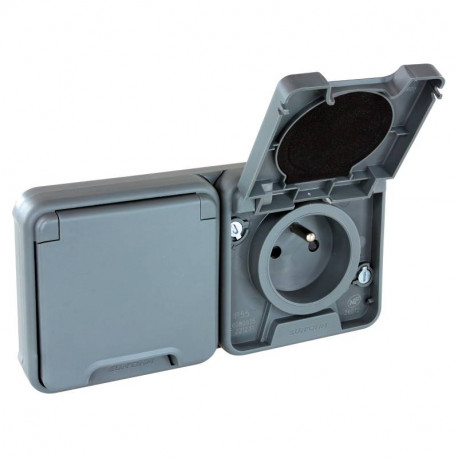 Prise double 2P+T Oxxo Eur'Ohm - 16A - IP55 - Gris