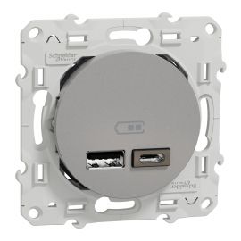 Prise USB Odace Schneider Electric - Chargeur double USB - Types A+C - Alu