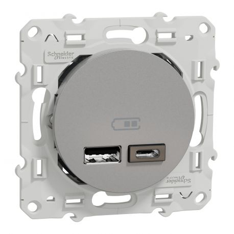 Prise USB Odace Schneider Electric - Chargeur double USB - Types A+C - Alu