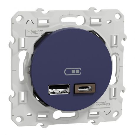 Prise USB Odace Schneider Electric - Chargeur double USB - Type A+C - Cobalt