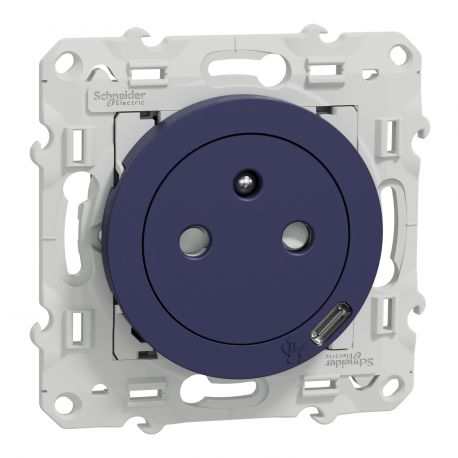 Prise de courant affleurante + USB Odace Schneider Electric -16A - 2P+T - Cobalt