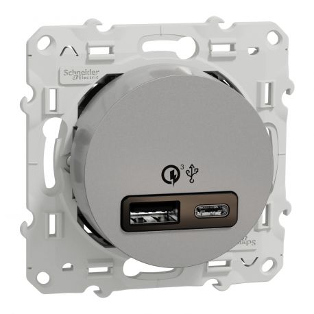 Prise USB double Odace Schneider Electric - Chargeur rapide - 3,4A - Gris alu