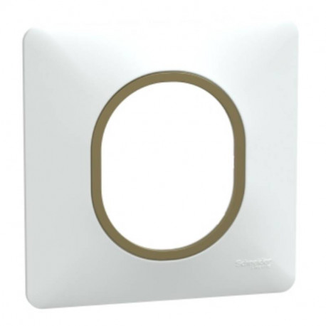 Plaque de finition Ovalis Schneider - 1 poste - Blanc avec bague effet Laiton